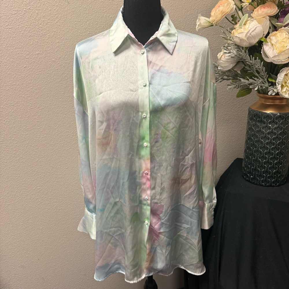 ZARA Pastel Watercolor Button Down Tunic Blouse Long Sleeve M